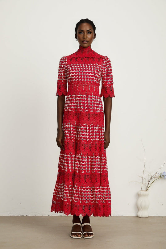 Liana Red Maxi Dress with Scalloped Lace Paneling and Cut-Work Design