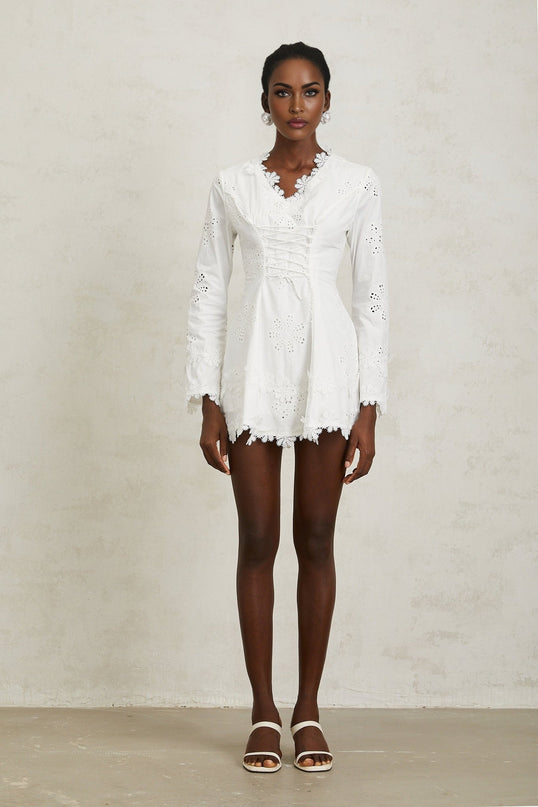 Liana White Floral Embroidered A-Line Mini Dress