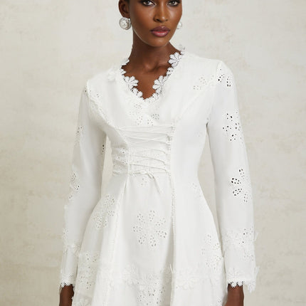 Liana White Floral Embroidered Mini Dress A-line Scallop Trim V-neck Long Sleeves Lace-up Cinched Waist Rear Zip Terylene Fiber