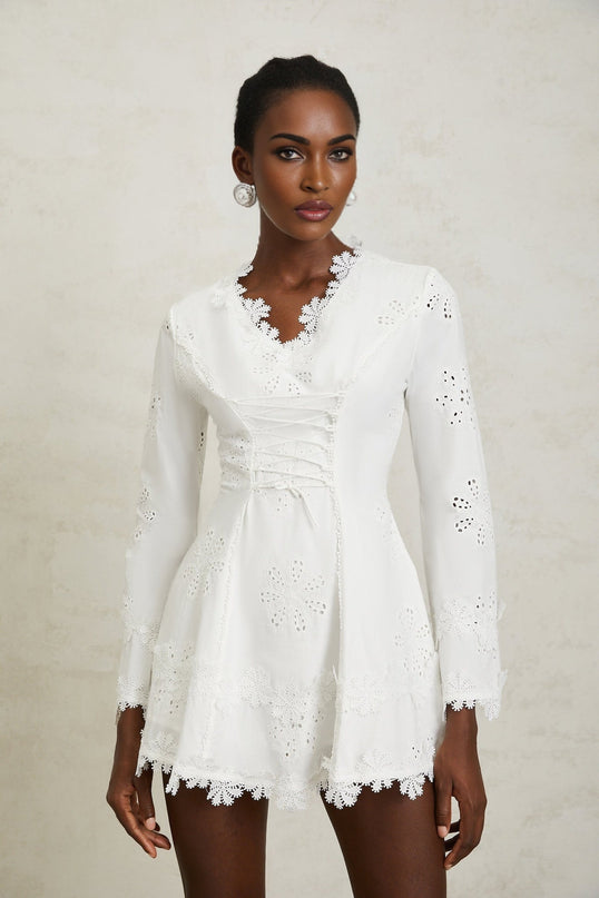 Liana White Floral Embroidered Mini Dress A-line Scallop Trim V-neck Long Sleeves Lace-up Cinched Waist Rear Zip Terylene Fiber
