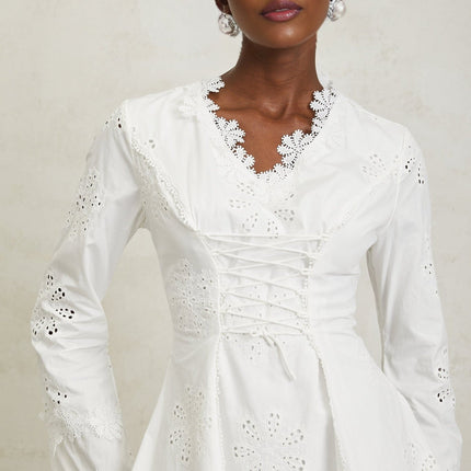 Liana White Floral Embroidered Mini Dress A-Line Scallop Trim Lace-Up Design Long Sleeves