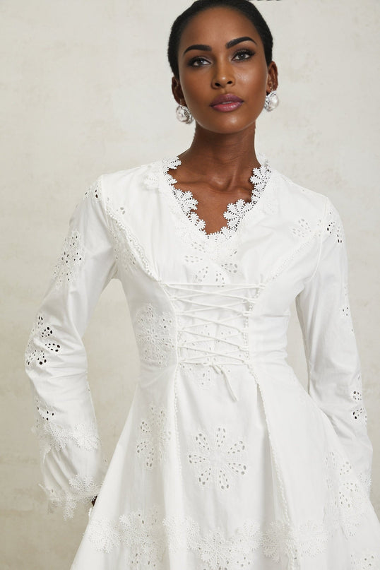 Liana White Floral Embroidered Mini Dress A-Line Scallop Trim Lace-Up Design Long Sleeves