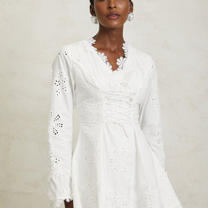 Liana White Floral Embroidered Mini Dress A-Line Scalloped Trim V-Neck Long Sleeves Lace-Up Design Cinched Waist Rear Zip Fastening Terylene Fiber