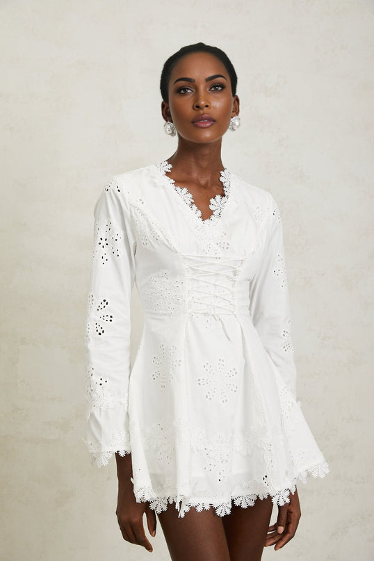 Liana White Floral Embroidered Mini Dress A-Line Scalloped Trim V-Neck Long Sleeves Lace-Up Design Cinched Waist Rear Zip Fastening Terylene Fiber