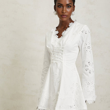 Liana White Floral Embroidered Mini Dress A-line Scallop Trim V-neck Long Sleeves Lace-up Terylene Fiber