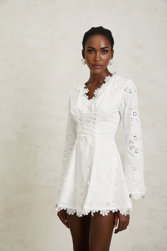 Liana White Floral Embroidered Mini Dress A-line Scallop Trim V-neck Long Sleeves Lace-up Terylene Fiber
