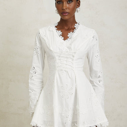 Liana White Floral Embroidered Mini Dress A-Line Scallop Trim V-Neck Long Sleeves Lace-Up Design Cinched Waist Rear Zip Fastening Terylene Fiber Sophisticated Soirees Special Occasions