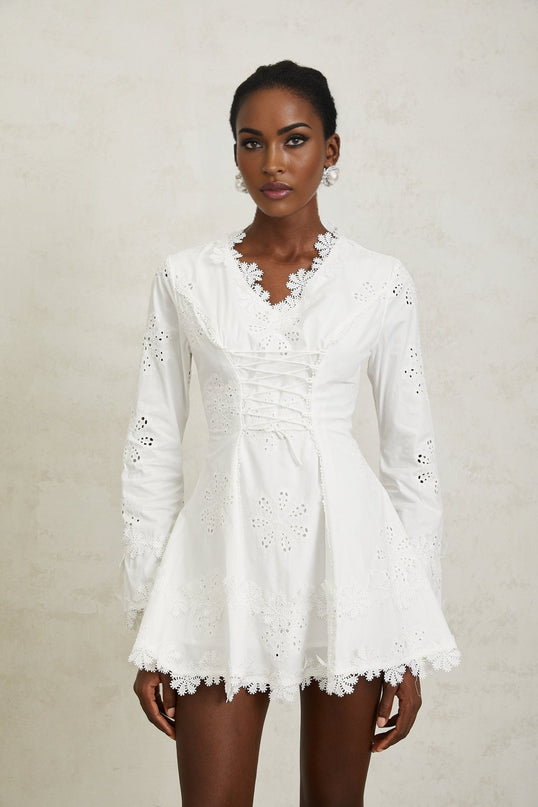 Liana White Floral Embroidered Mini Dress A-Line Scallop Trim V-Neck Long Sleeves Lace-Up Design Cinched Waist Rear Zip Fastening Terylene Fiber Sophisticated Soirees Special Occasions