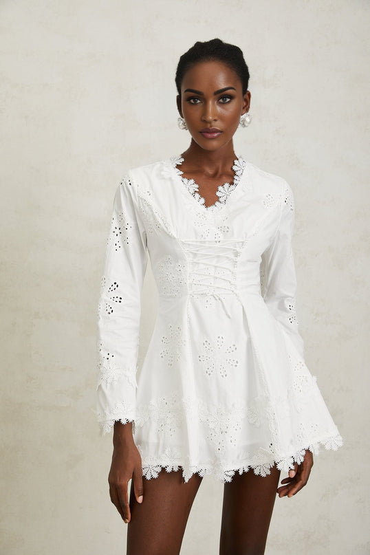 Liana White Floral Embroidered Mini Dress A-line Scallop Trim V-neck Long Sleeves Lace-up Design Cinched Waist Rear Zip Fastening Terylene Fiber