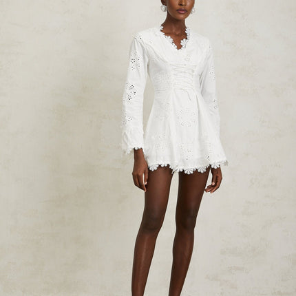 Liana White Floral Embroidered Mini Dress A-Line Scallop Trim V-Neck Long Sleeves Lace-Up Cinched Waist Terylene Fiber
