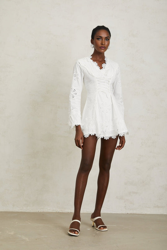 Liana White Floral Embroidered Mini Dress A-Line Scallop Trim V-Neck Long Sleeves Lace-Up Cinched Waist Terylene Fiber