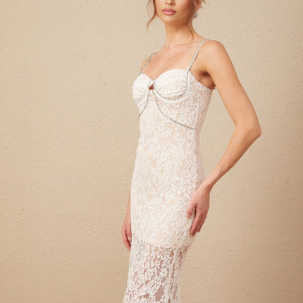 Liana White Guipure Lace Crystal Embellished Midi Dress