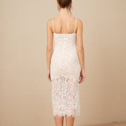 Liana White Guipure Lace Crystal Embellished Midi Dress