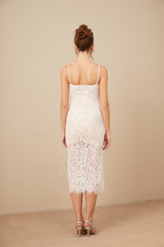 Liana White Guipure Lace Crystal Embellished Midi Dress