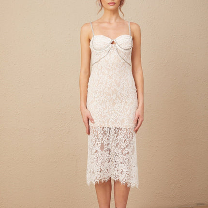 Liana White Guipure Lace Crystal Embellished Midi Dress