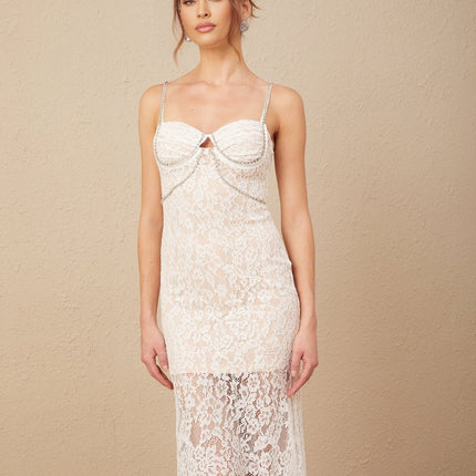 Liana White Guipure Lace Crystal Embellished Bustier Flared Hem Midi Dress