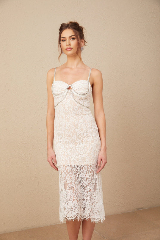 Liana White Guipure Lace Crystal Embellished Bustier Flared Hem Midi Dress