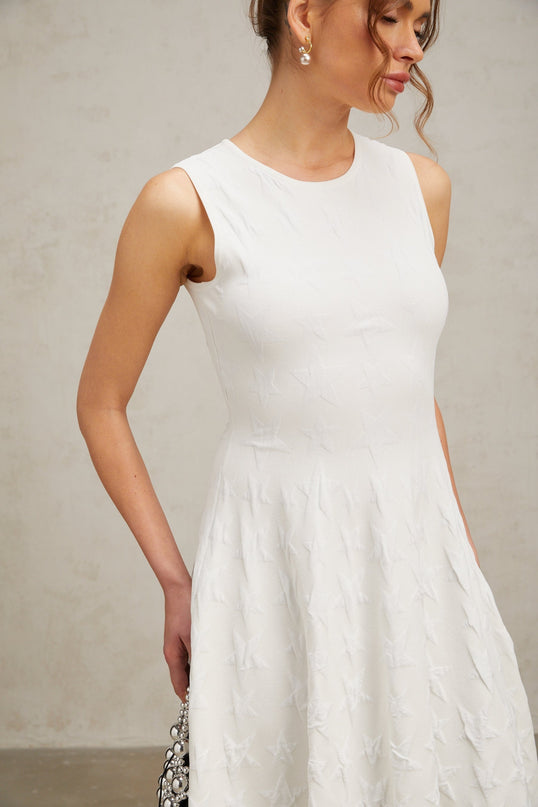 Liana White Star-Knit Flared Hem Mini Dress