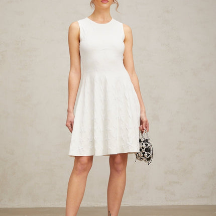 Liana White Star Knit Mini Dress Flared Hem Cinched Waist Sleeveless Side Zip Premium Knitted Construction Thigh Length 77% Cotton 23% Chinlon