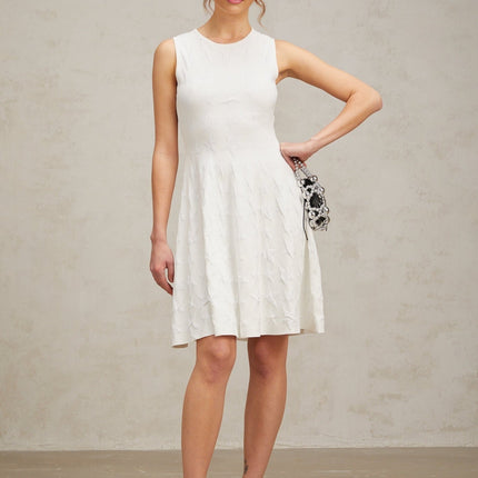 Liana White Star Knit Mini Dress with Flared Hem and Cinched Waist