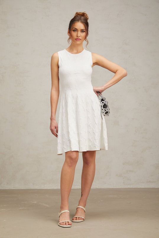 Liana White Star Knit Mini Dress with Flared Hem and Cinched Waist