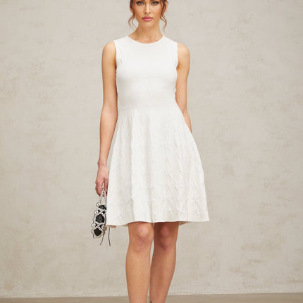 Liana White Star Knit Mini Dress Flared Hem Cinched Waist Sleeveless Side Zip Premium Knitted Construction Thigh-Length 77% Cotton 23% Chinlon