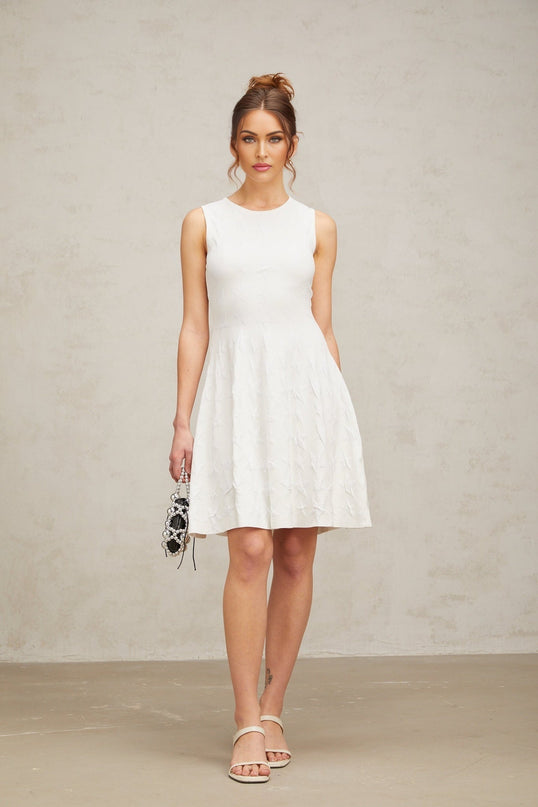 Liana White Star Knit Mini Dress Flared Hem Cinched Waist Sleeveless Side Zip Premium Knitted Construction Thigh-Length 77% Cotton 23% Chinlon