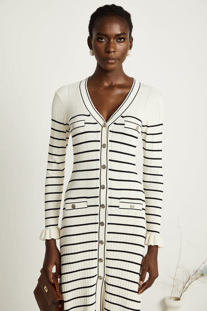 Liana white striped flutedhem midi dress