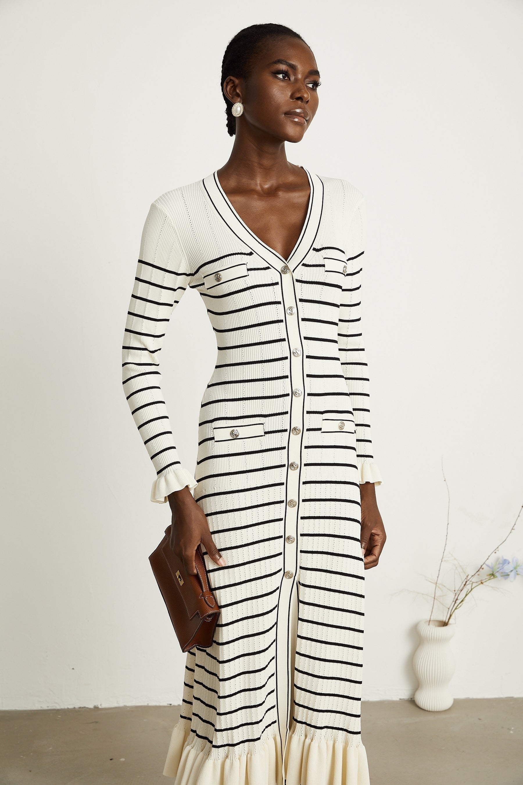 Liana white striped flutedhem midi dress