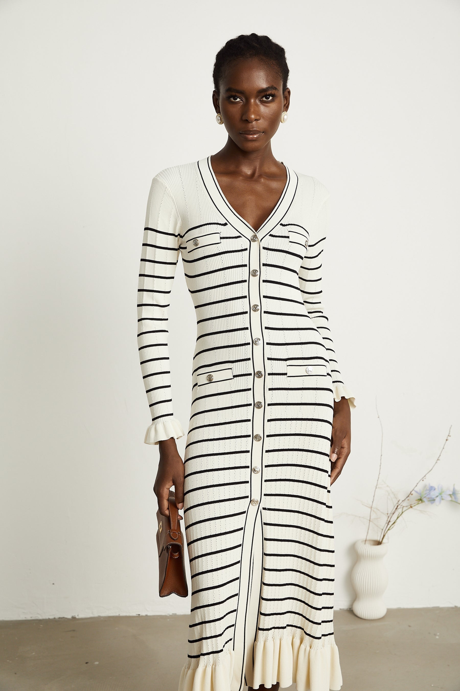 Liana white striped flutedhem midi dress