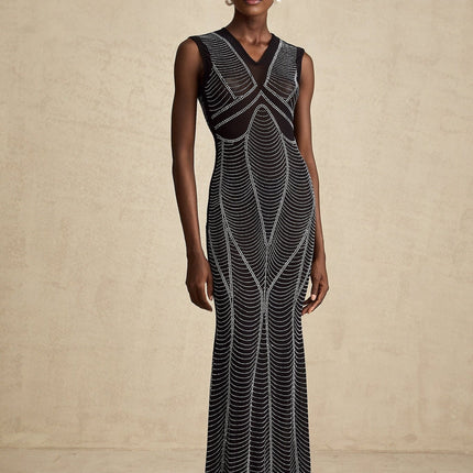 Liane black crystalembellished semisheer maxi dress