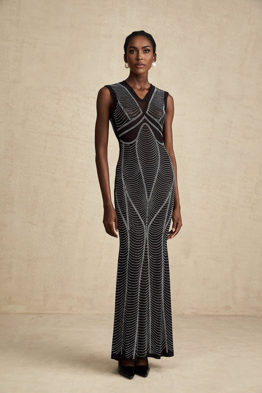 Liane black crystalembellished semisheer maxi dress