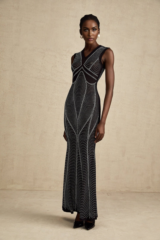 Liane black crystalembellished semisheer maxi dress