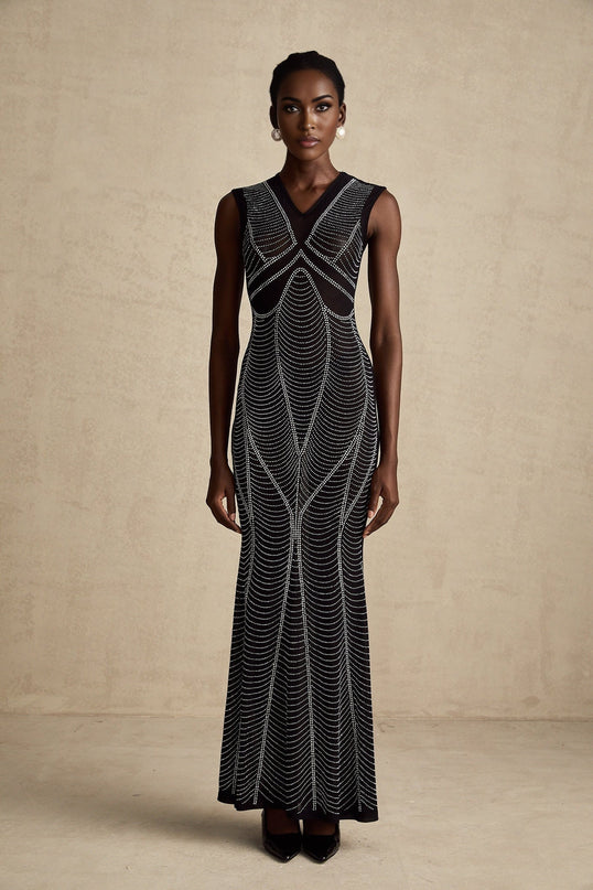 Liane black crystalembellished semisheer maxi dress