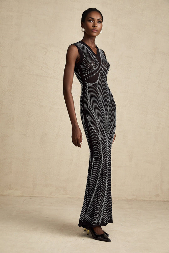 Liane black crystalembellished semisheer maxi dress