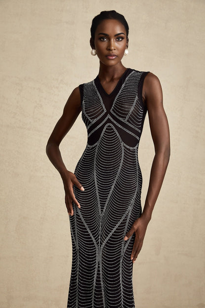 Liane black crystalembellished semisheer maxi dress