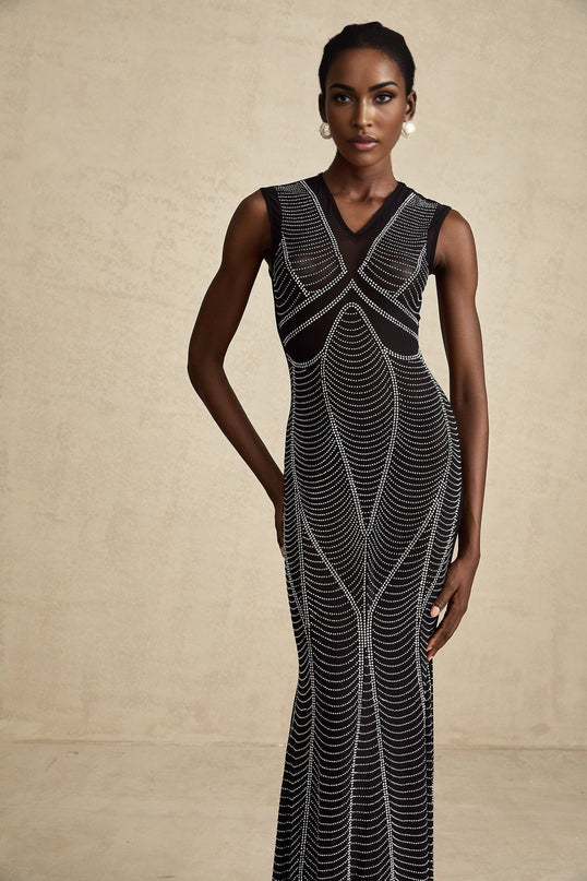 Liane black crystalembellished semisheer maxi dress