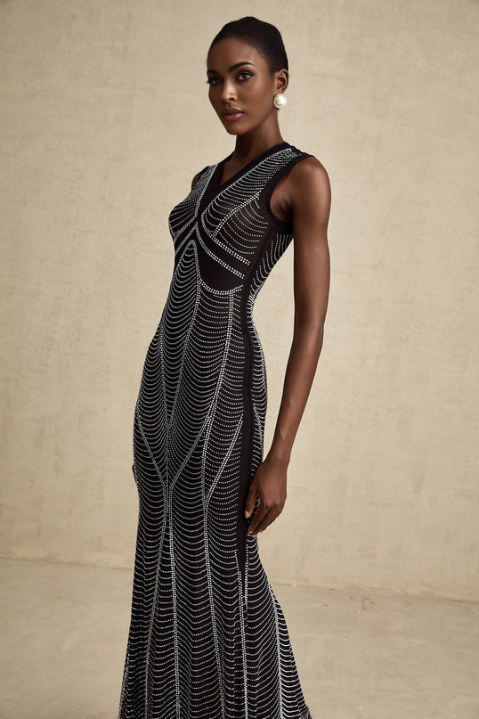 Liane black crystalembellished semisheer maxi dress