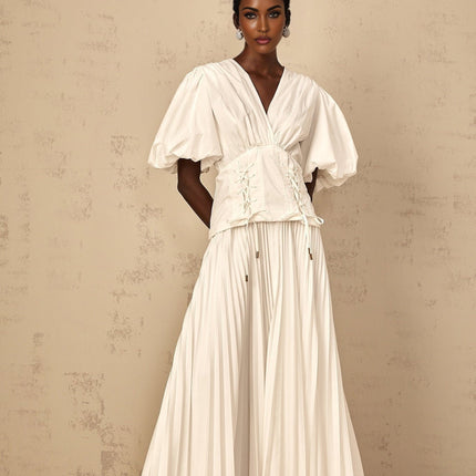 Licia Maxi Dress White V-neck Puff Sleeves Cinched Waist Lace-up Pleated Detailing Rear Zip Fastening 100% Terylene Fiber Special Occasions Elegance Sophistication Glamour