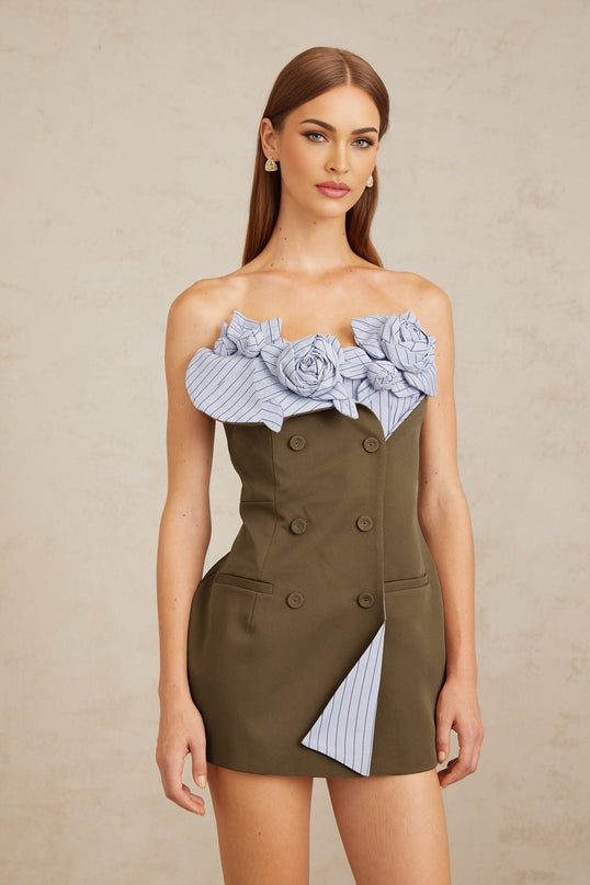 Licia Mini Dress in Brown & Blue hues with 3D-petal accents and striped pattern