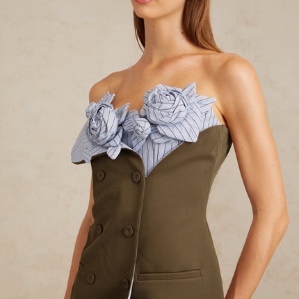 Licia Mini Dress in Brown and Blue hues with 3D-petal accents and striped pattern