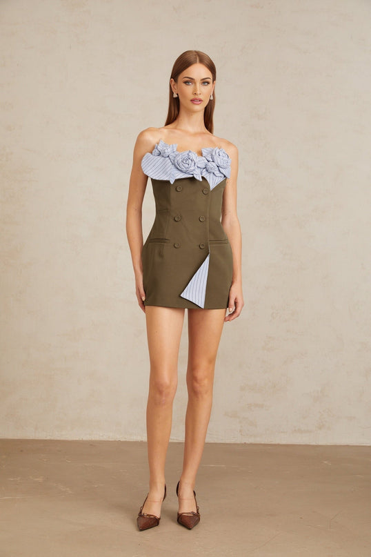 Licia Mini Dress in Brown & Blue hues with 3D-petal accents and striped pattern