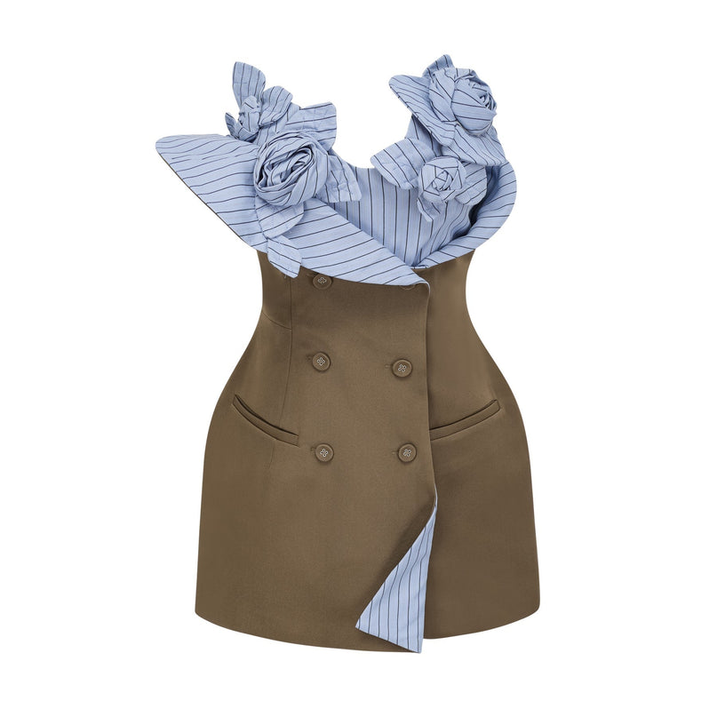 Licia Mini Dress in Brown & Blue hues with scoop neck and spaghetti straps