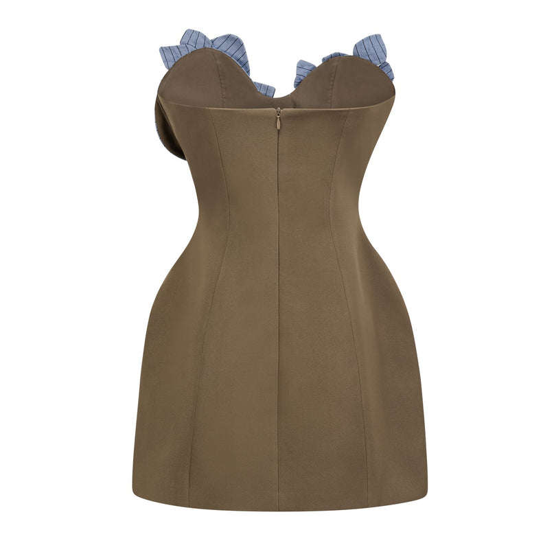 Licia Mini Dress in Brown and Blue hues with 3D-petal accents and striped pattern