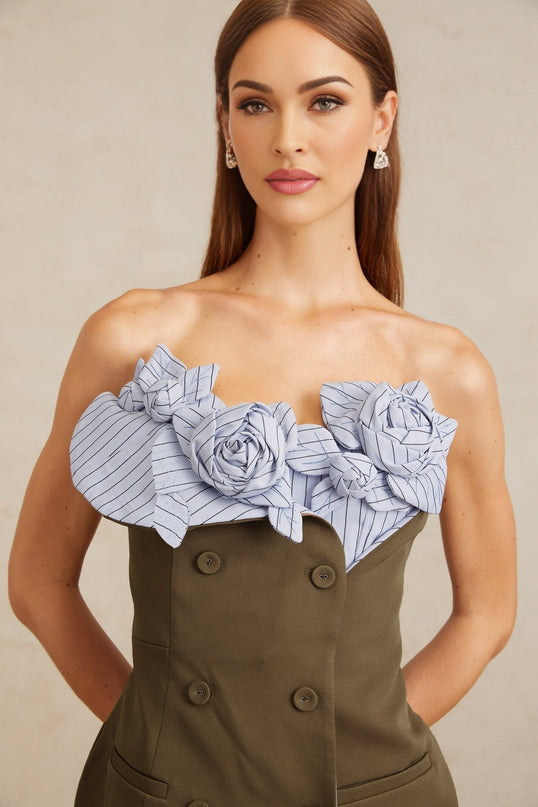 Licia Mini Dress in Brown and Blue hues with scoop neck and spaghetti straps