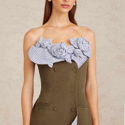 Licia Mini Dress Brown Blue Spaghetti Straps Cinched Waist 3D-Petal Accents Striped Pattern Double Breasted Rear Zip Mini Length Terylene Spandex