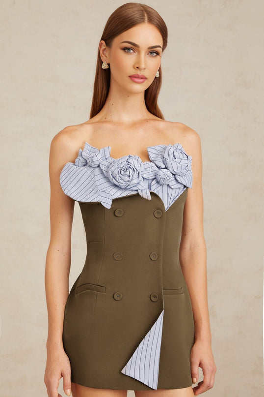 Licia Mini Dress Brown Blue Spaghetti Straps Cinched Waist 3D-Petal Accents Striped Pattern Double Breasted Rear Zip Mini Length Terylene Spandex