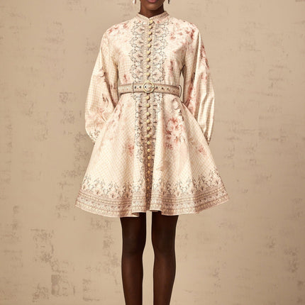 Licia Mini Dress in Neutrals Floral Print Linen Blend Gigot Sleeves Belted Waist Thigh Length