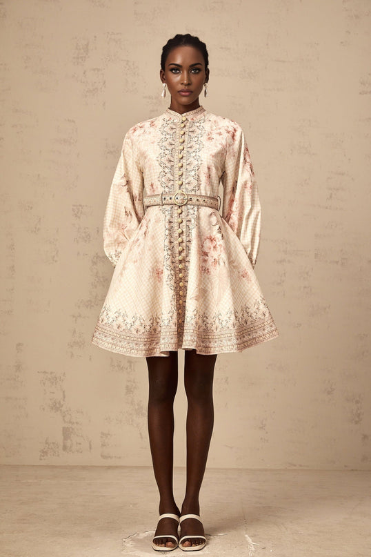 Licia Mini Dress in Neutrals Floral Print Linen Blend Gigot Sleeves Belted Waist Thigh Length