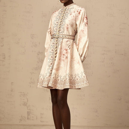 Licia Mini Dress Neutrals Floral Print Linen Blend Gigot Sleeves Belted Waist Mock Neck Thigh Length
